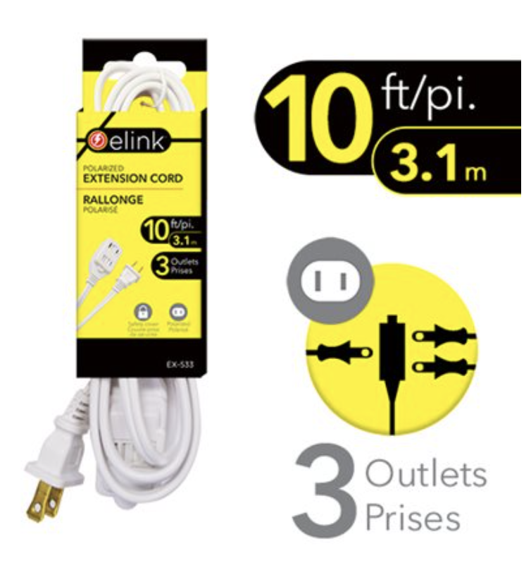 Indoor Extension Cord - Triple Outlet ~ 10' / 3.04M-0
