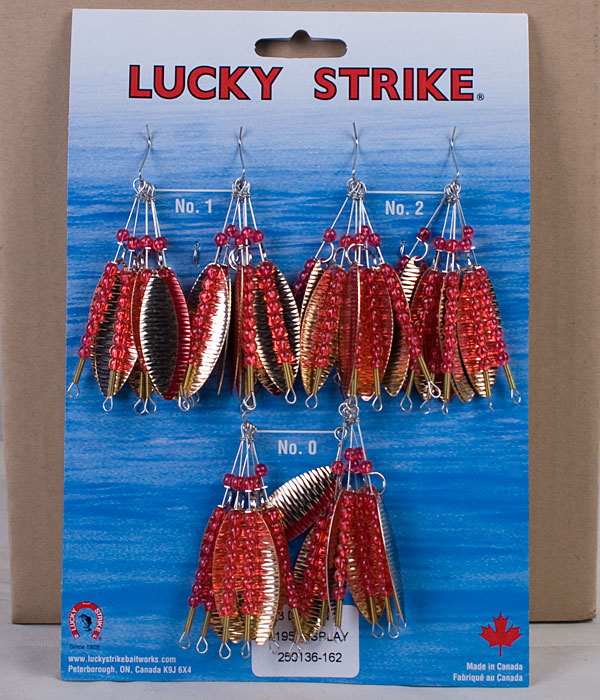 Lucky Strike #195 - Hammered Gold w/Red Stripe Large Willowleaf Spinners ~ 3 dozen per display-0