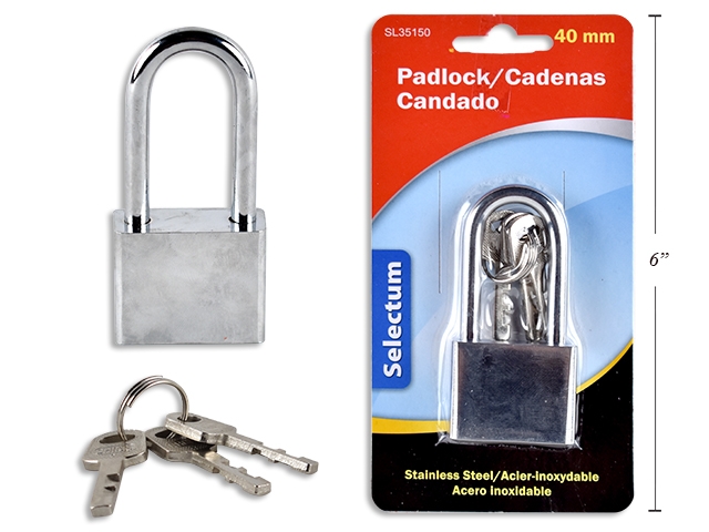 Stainless Steel Padlock with 40mm Long Shackle + 3 Keys-0