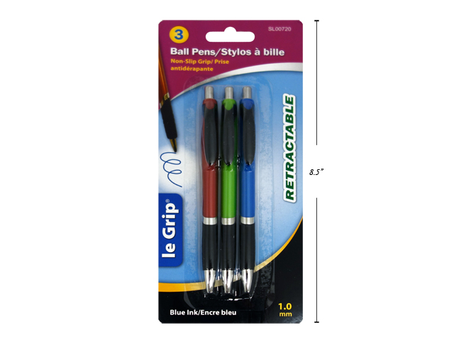 Le Grip Retractable Ball Pens, 1.0mm tip - Blue Ink ~ 3/per pack-0