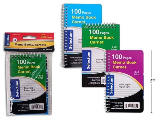 Selectum Coil Memo Pads - 3" x 5" - 100 pages - 3 per pack ~ 10 PACKS PER CASE-0