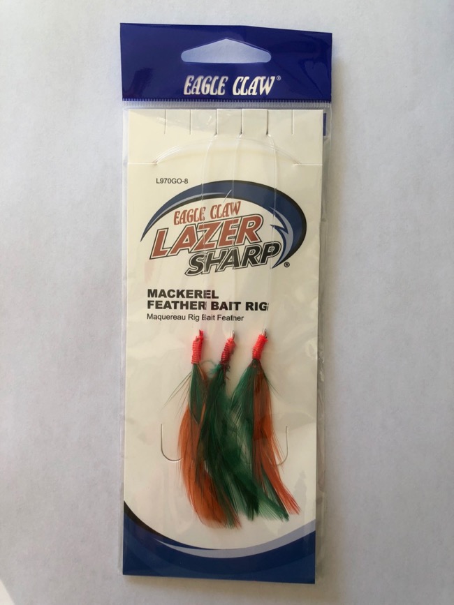 Eagle Claw Mackerel Feather Bait Rig, 3/string ~ Green/Orange-0