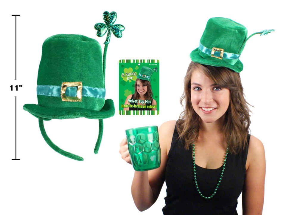 St. Patrick's Day Velvet Top Hat Headband with Glitter Shamrock-0