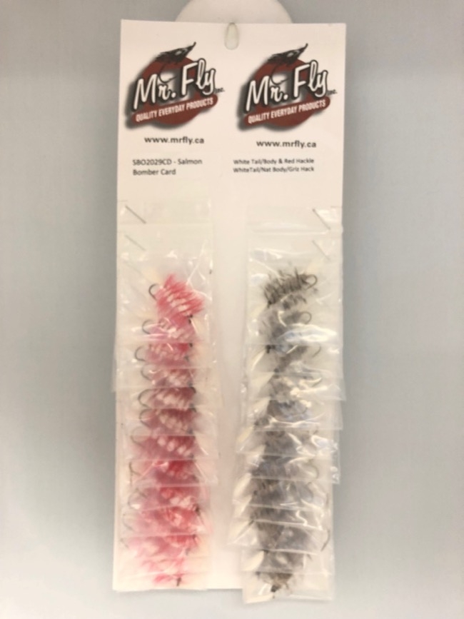 White Tail, White Body with Red Hackle + White Tail, Natural Body with Grizzly Hackle Salmon Bombers -0