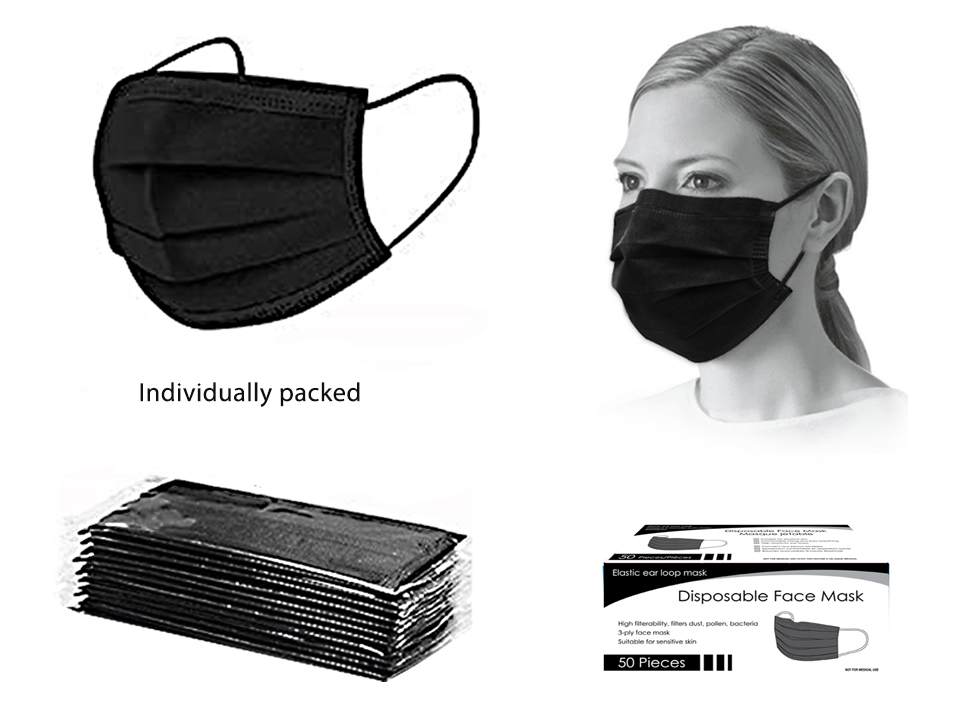 Bodico 3-Ply Disposable Mask Individually Wrapped - Black ~ 50 per box-0