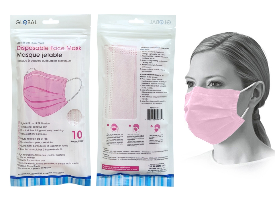 Disposable 3-Ply Face Masks - Pink ~ 10 per pack-0