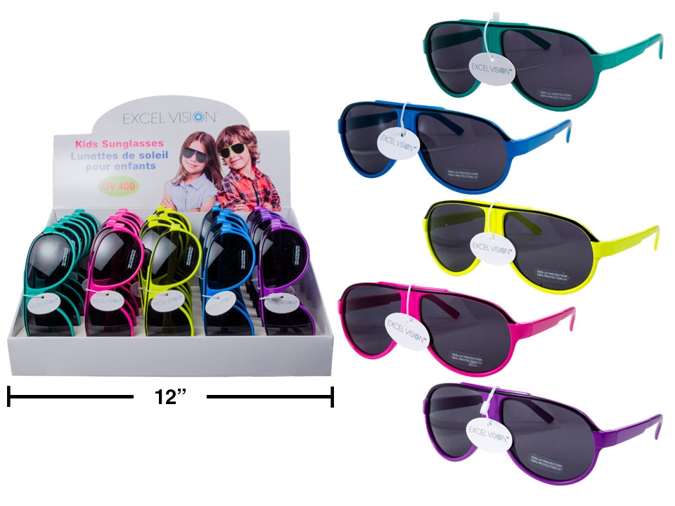 Excel Vision Kid's Neon Aviator Sunglasses w/Case ~ Display of 30-0