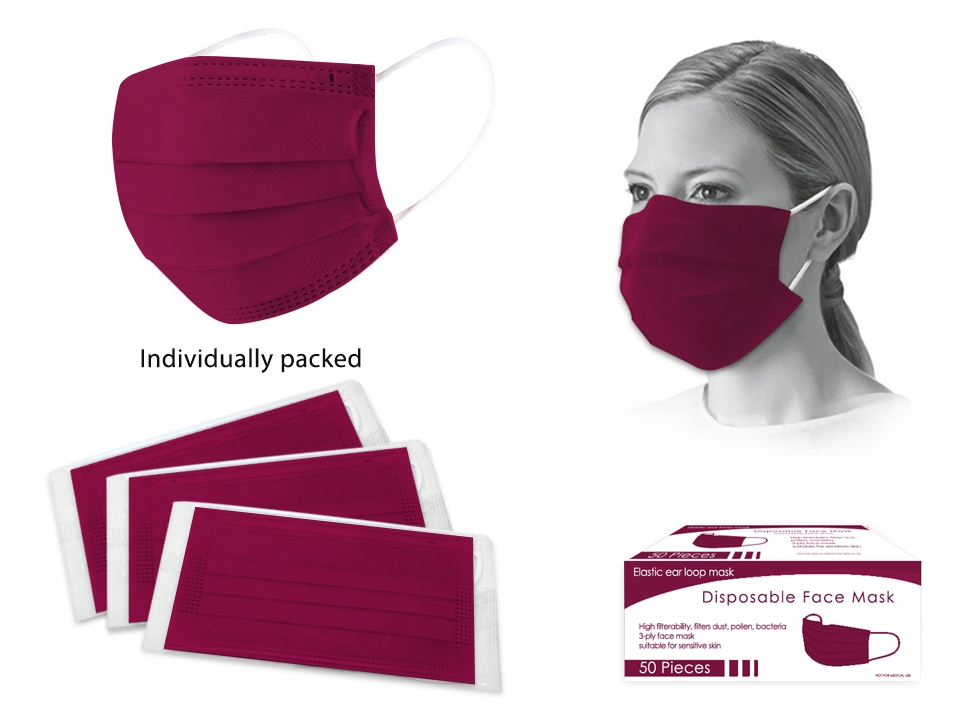 Bodico 3-Ply Disposable Mask Individually Wrapped - Burgundy ~ 50 per box-0