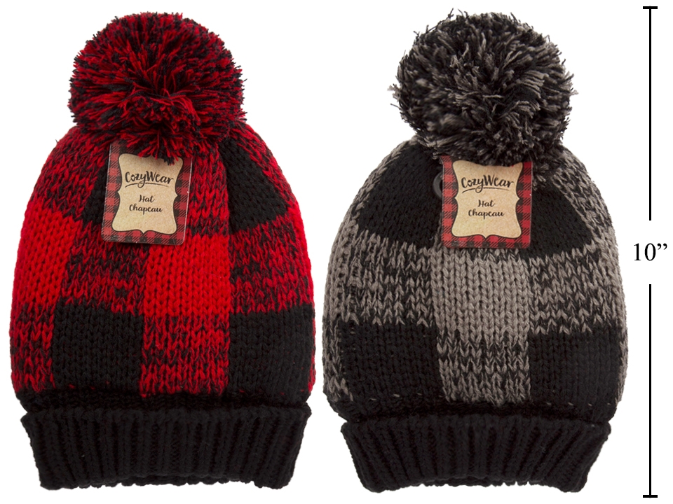 Adult Buffalo Plaid Insulated Hat with Cuff & Pom Pom-0