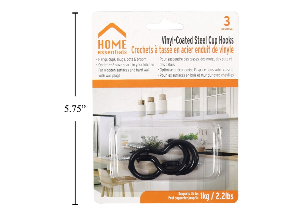 Home Essentials Black Vinyl Coated Steel Cup Hooks - 1.5" ~ 3 per pack-0