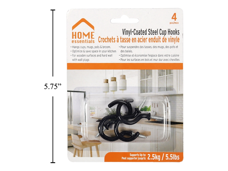 Home Essentials Black Vinyl Coated Steel Cup Hooks - 1.25" ~ 4 per pack-0