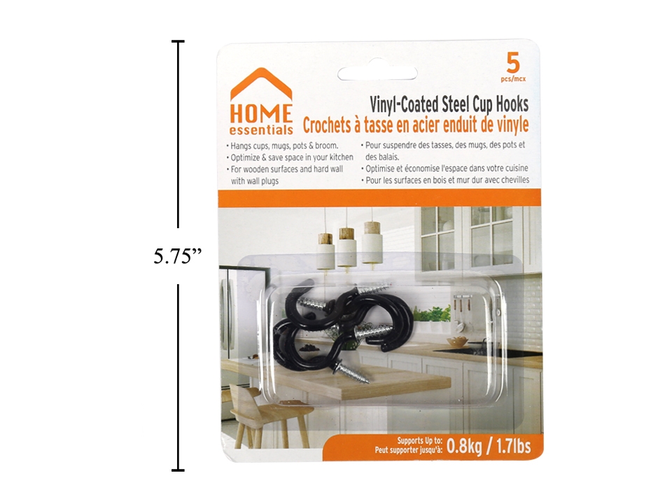 Home Essentials Black Vinyl Coated Steel Cup Hooks - 1" ~ 5 per pack-0