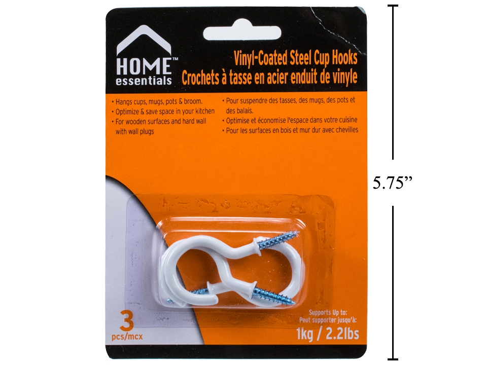 Home Essentials White Vinyl Coated Steel Cup Hooks - 1.5" ~ 3 per pack-0