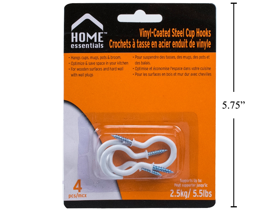 Home Essentials White Vinyl Coated Steel Cup Hooks - 1.25" ~ 4 per pack-0