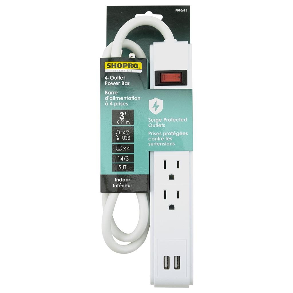 ShopPro Power Bar 4 outlets with 2 USB ~ 3' cord-0