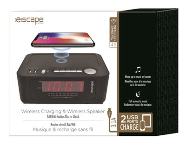Escape Wireless Charging Digital Alarm Clock with 2 USB Ports & AM/FM Radio-0