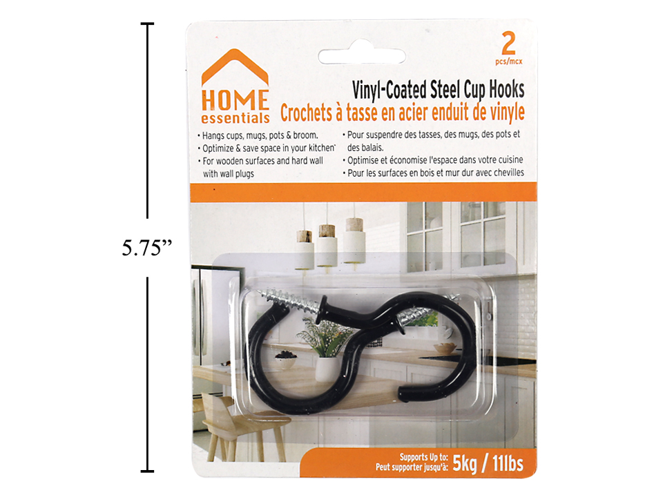 Home Essentials Black Vinyl Coated Steel Cup Hooks - 2" ~ 2 per pack-0