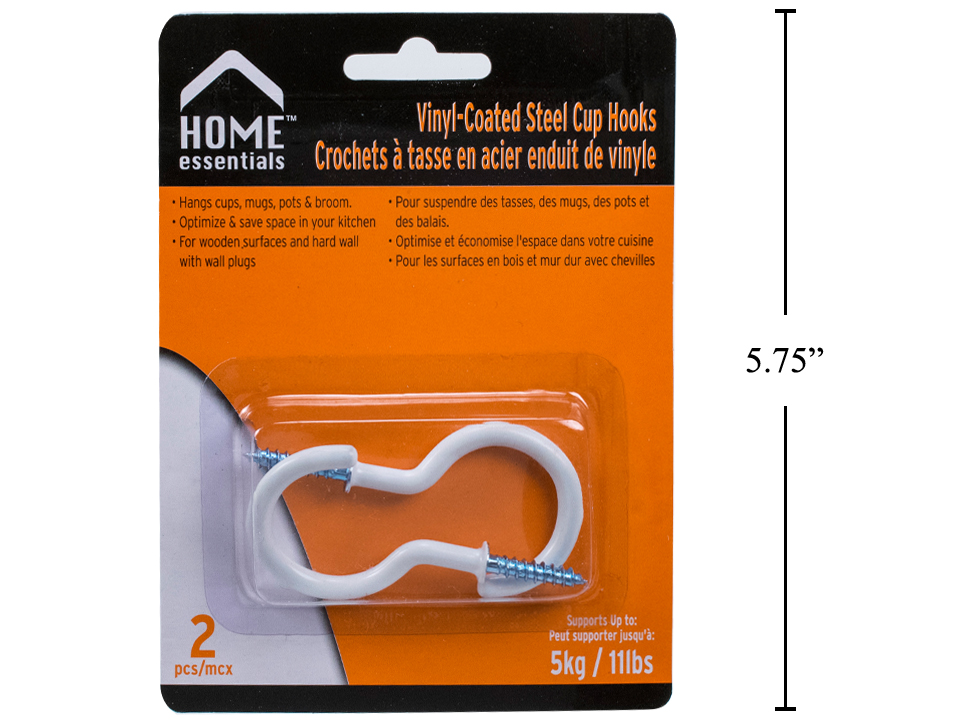 Home Essentials White Vinyl Coated Steel Cup Hooks - 2" ~ 2 per pack-0