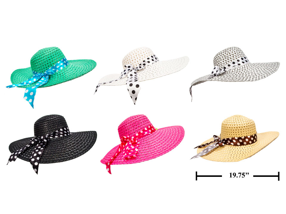 Ladies Round Straw Hat with Dot Ribbon-0