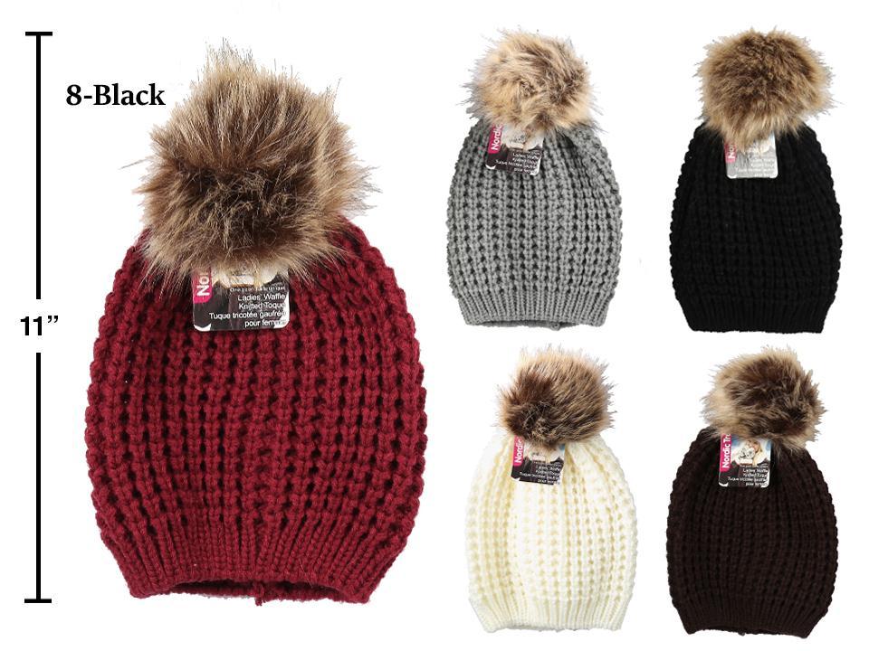 Ladies Waffle Knit Toque with Faux Fur Pom Pom-0