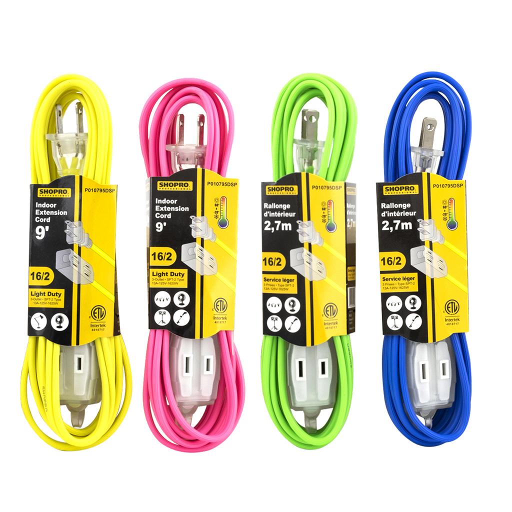ShopPro Indoor Extension Cord, Mixed Colors - 16/2 ~ 9'-0