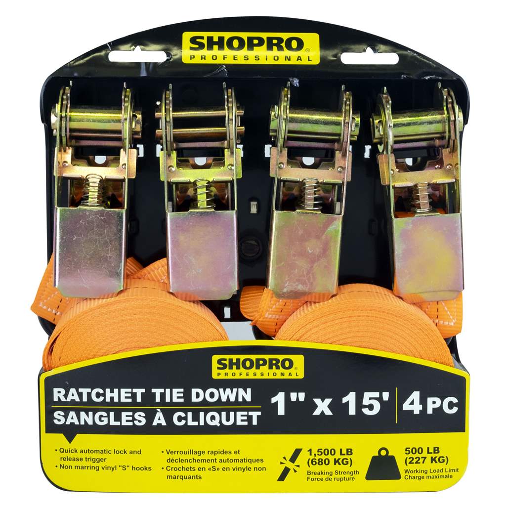 ShopPro Ratchet Straps - Fluorescent Orange ~ 1" x 15' ~ 4 per pack-0