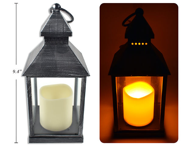 LED Lantern with Flickering Pillar Candle - Battery Operated ~ 9-3/8" x 4"-0