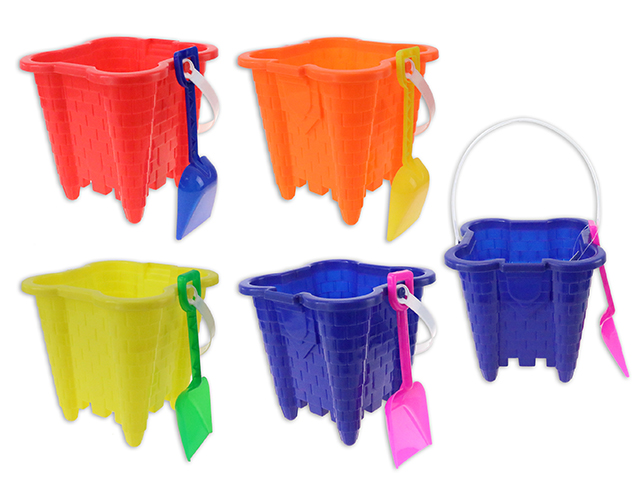 Square Sand Castle Mold Beach Bucket with Shovel ~ 6-5/8" x 6-3/8"H-0