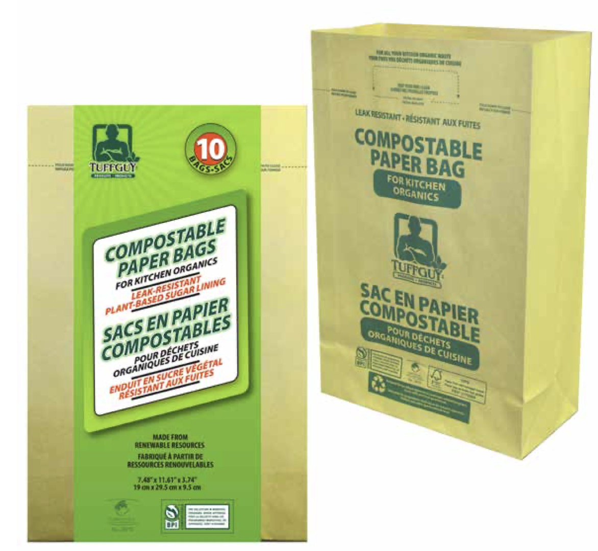 Tuff Guy Compostable Paper Kitchen Organics Bags - 7.48" x 11.61" x 3.74 ~ 10 per pack-0