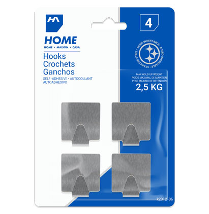 HomeAide Self-Adhesive Stainless Steel Hooks - Medium 2.5kg ~ 4 per pack-0