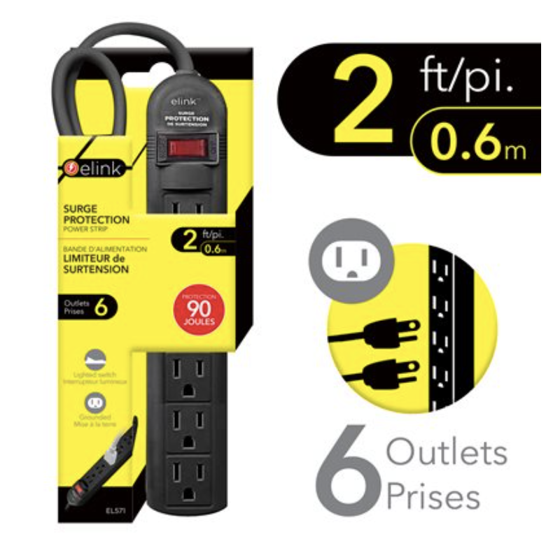 eLink Power Bar with Surge Protection ~ 6 outlets & 2' cord-0