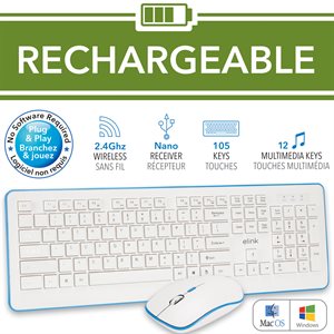 eLink Rechargeable Wireless Keyboard & Mouse Combo Set - White ~ 2.4GHz-0