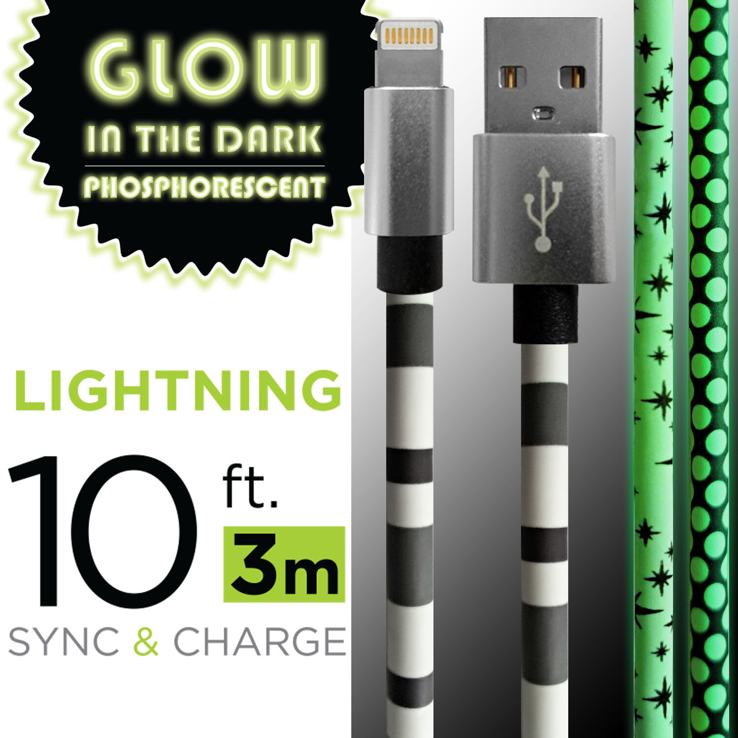 Boost Glow-in-the-Dark Heavy Duty Lightning to USB Charge & Sync Cable – 10′ / 3M